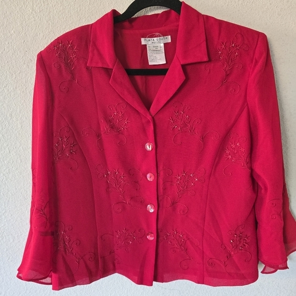 Plaza South Blazer Jacket Women Sz P14 Red Embroidered Flare Sleeves Button Up - Picture 2 of 13